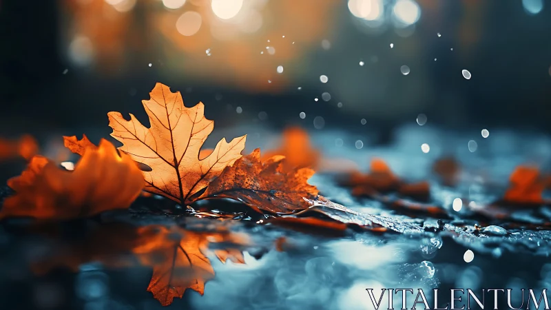 Macro study of wet autumn oak leaf in shallow depth-of-field bokeh