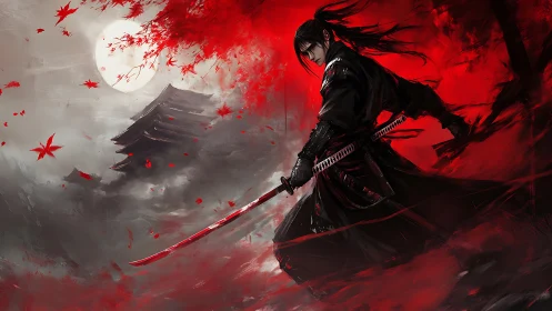 Nocturnal katana wielder in high-contrast sanguine turbulence.