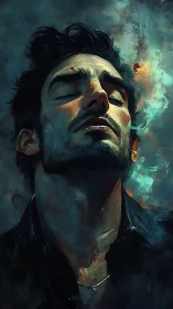 Brooding male portrait in smoky teal and amber light.