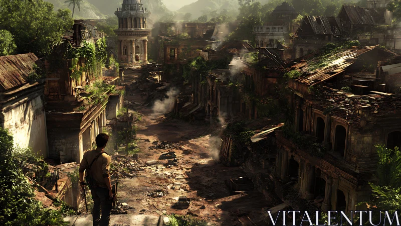 Explorer gazes over a lush, forgotten jungle city street.