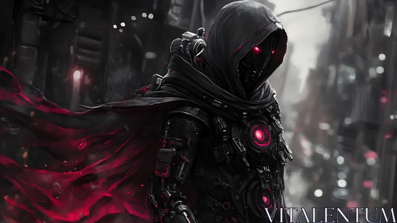 Hooded cybernetic figure with red glowing core in alleyway.