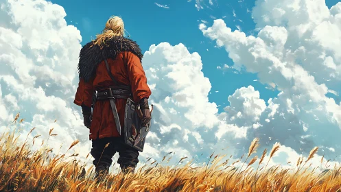 Figure in red coat observes cumulus sky over wheat field