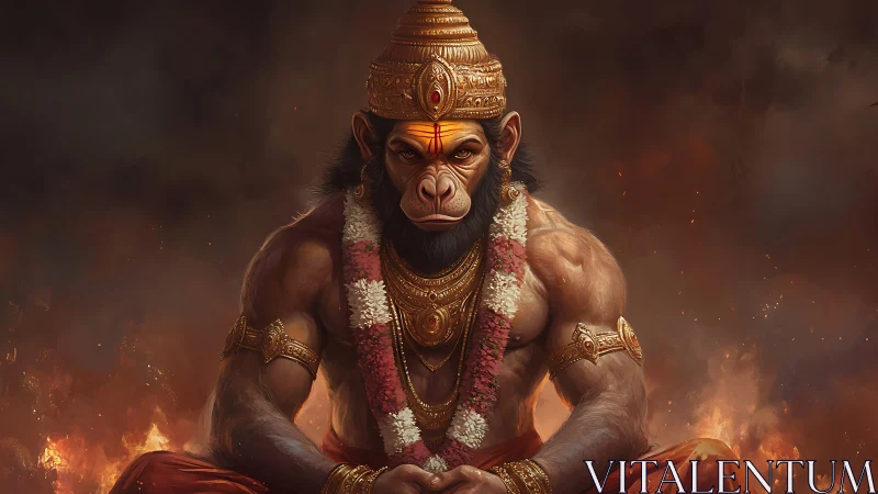 Powerful mythic monkey warrior seated amid rising flames.