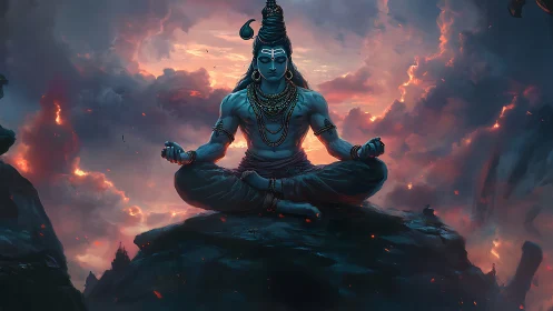 Divine blue yogi in lotus posture amid incandescent storm clouds