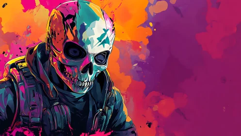 Neon vaporwave skull soldier portrait on explosive gradient field