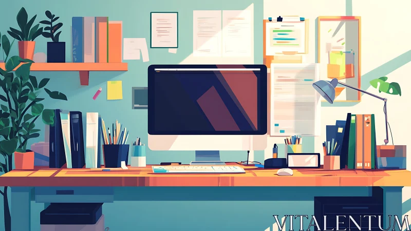 Organized home office desk with computer and bright decor.