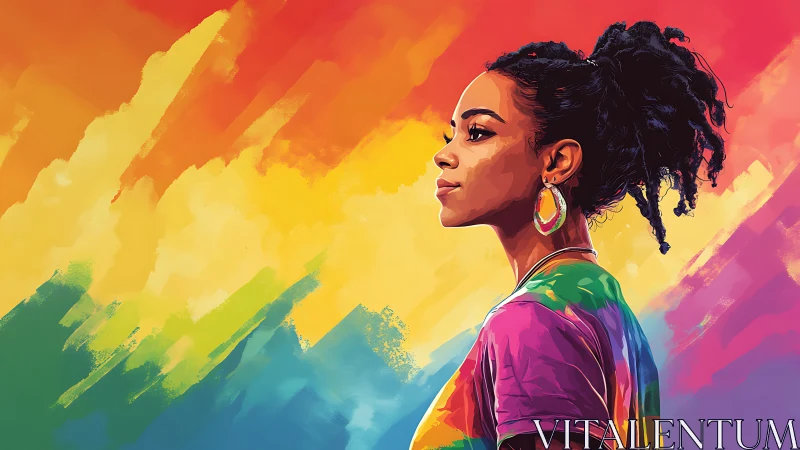 Profile portrait of woman against dynamic rainbow brushstroke field