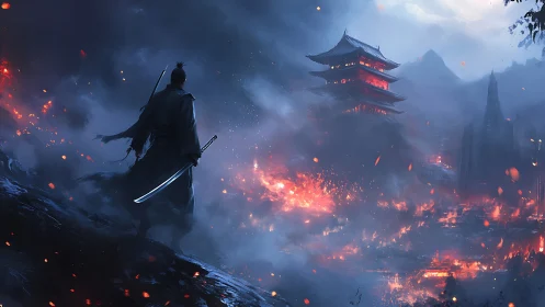 Lone samurai stalks a burning mountain temple in stormfire.