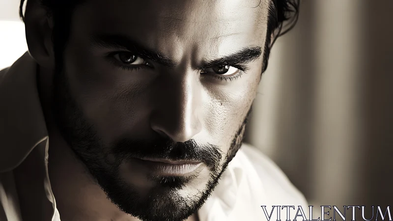 Close-up portrait of man with beard in neutral lighting.