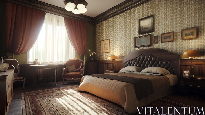 Bedroom interior shows classic wooden furniture and warm light