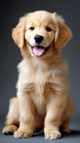 Golden puppy smiles brightly and sits with soft fluffy paws