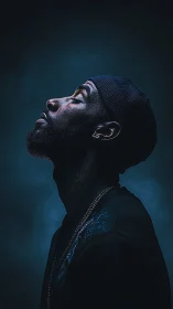 Low-key side profile portrait in teal rim lighting, upward gaze