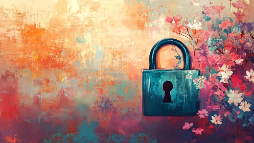 Textured padlock amid floral blooms contrasts security and chaos