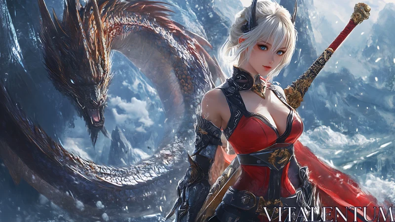 Armored warrior stands with dragon amid icy mountain storm