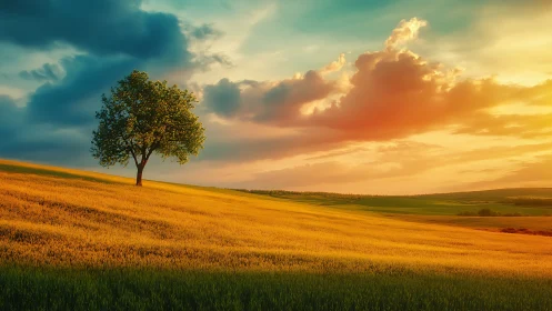Digital painting landscape with lone tree and golden field.