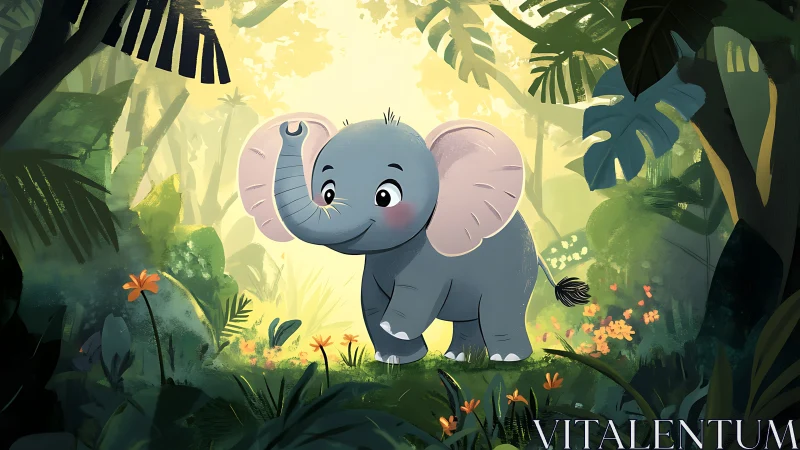 Stylized cartoon elephant stands centered in dense jungle clearing