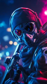 Masked futuristic soldier holding rifle in neon cityscape.