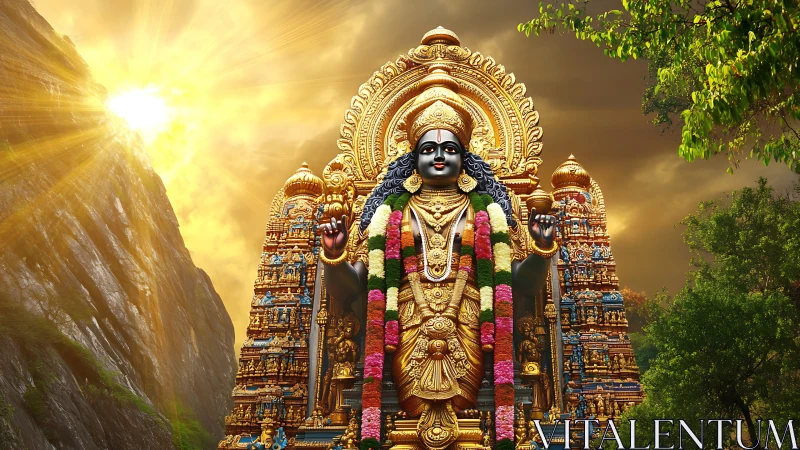 Golden Hindu temple deity statue under dramatic sky.