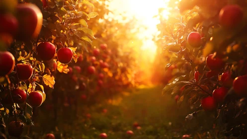 Photorealistic apple orchard with backlit sunset rows.