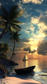 Tropical Beach Scene with Sailboat at Sunset.