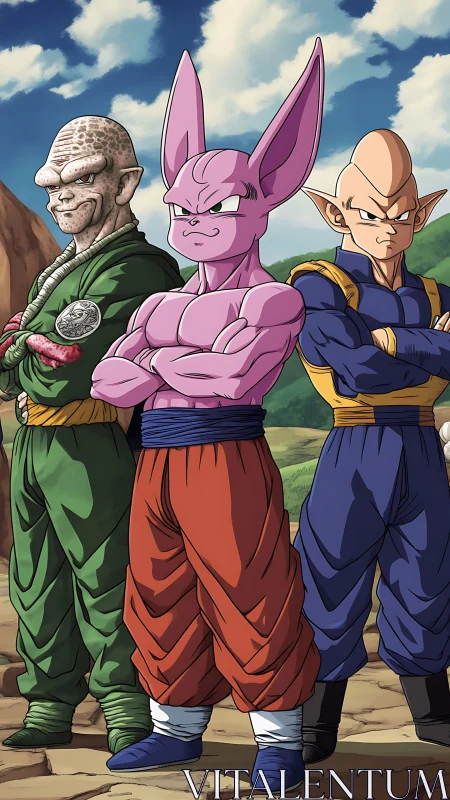 Three anime warriors stand united in a rugged landscape.