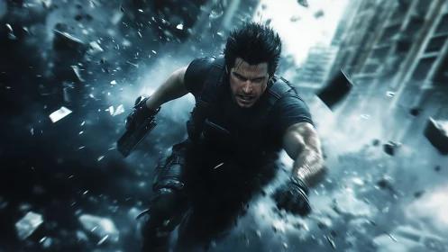 Cyber soldier sprints through collapsing urban battlefield.