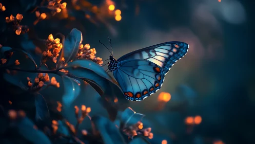 Butterfly on foliage under low light with warm highlights.