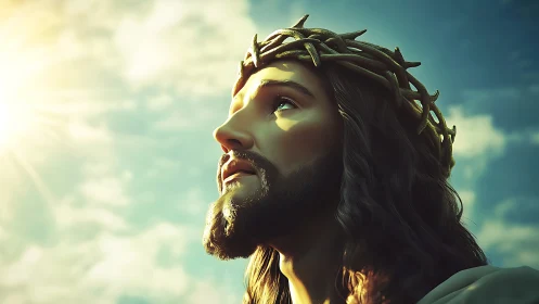 3D render shows robed man with thorn crown looking upward