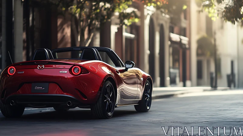 Crimson roadster basks in soft city light, promising escape.