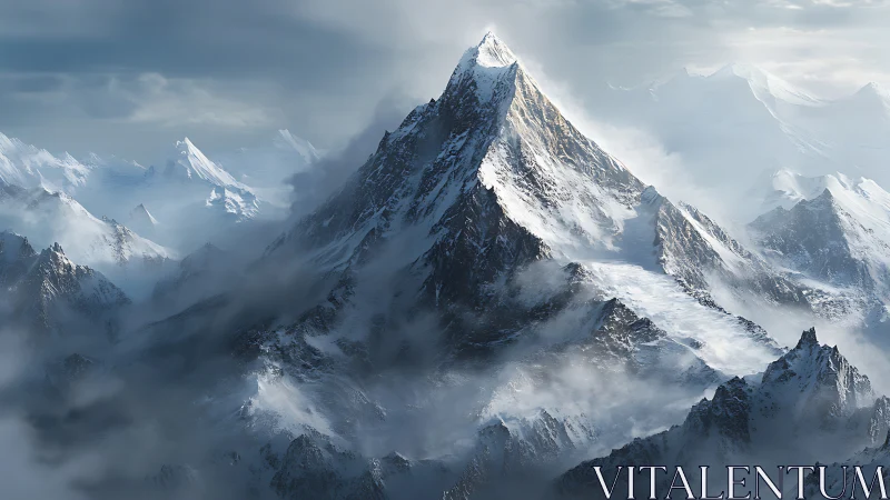 Snowbound mountain peak above clouded glacier valley.