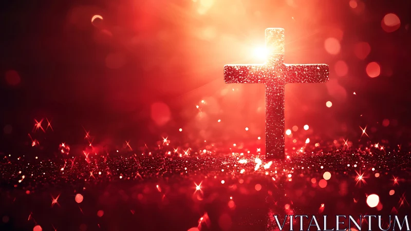 Glittering crimson cross haloed in radiant sacred light.
