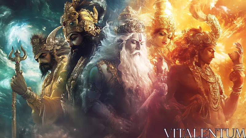 Hindu deities in radiant cosmic lineup with elemental light.