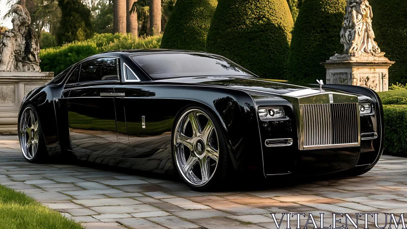 Black luxury coupe with mirror gloss and sculpted chrome grille.