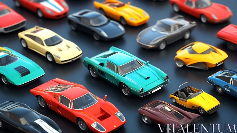 Toy supercars parade in glossy rows of candy-colored speed