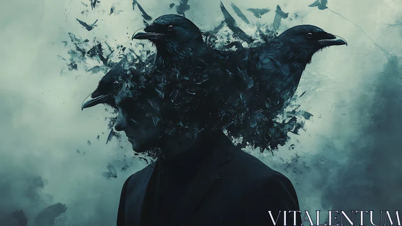 Surreal male portrait dissolves into ravens and fracturing smoke