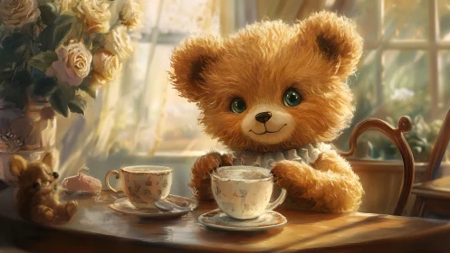 Digital painting of plush teddy bear at sunlit tea table.