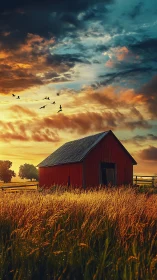 Red barn stands in tall golden grass under vivid evening sky