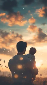 Backlit father and child silhouette under warm volumetric sunset sky