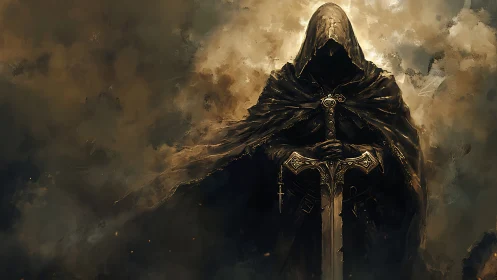 Hooded figure stands with ornate sword amid diffuse smoke