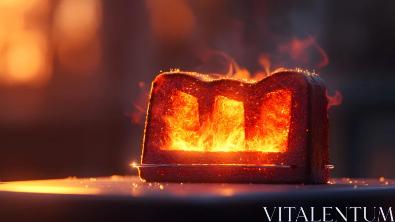 Surreal Burning Toast in Flames at Sunset, Artistic Photo.