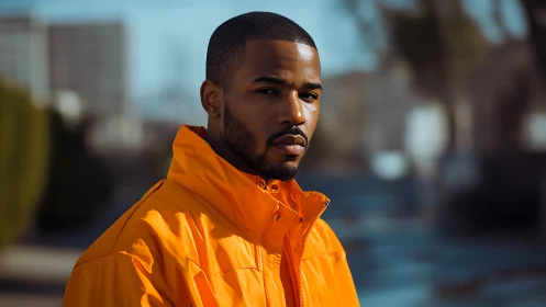 Urban glow in amber jacket under soft winter sun.