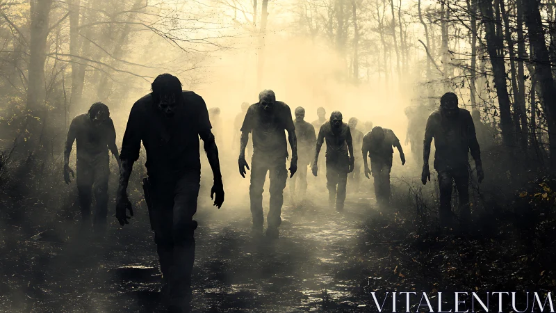 Zombie horde advancing through dense foggy forest path.