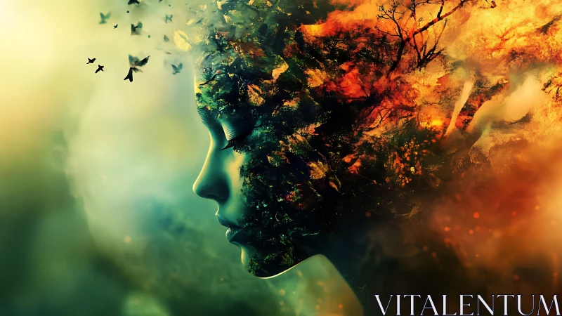 Surreal forest face merges human profile and autumn fire