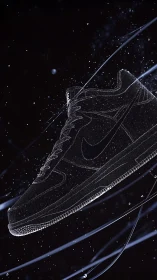 Sneaker rendered as wireframe outline in floating particle field