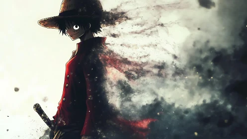 Straw-hatted swordsman in dissolving red cloak, smoky void.