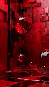 Translucent red spheres hover in a reflective cubic matrix