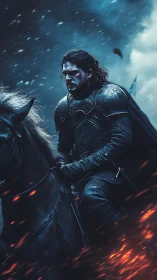 Armored cavalry warrior in stormlit battlefield emberscape.