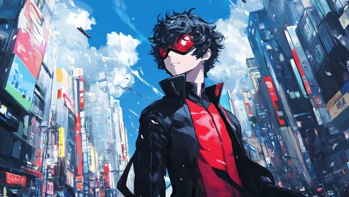 Urban masked hero stands defiant amid neon cityscape.