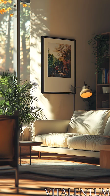 Sunlit living room corner with cozy sofa and gentle greenery.