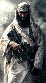 Armed militant in desert robes stands against smoky backdrop.